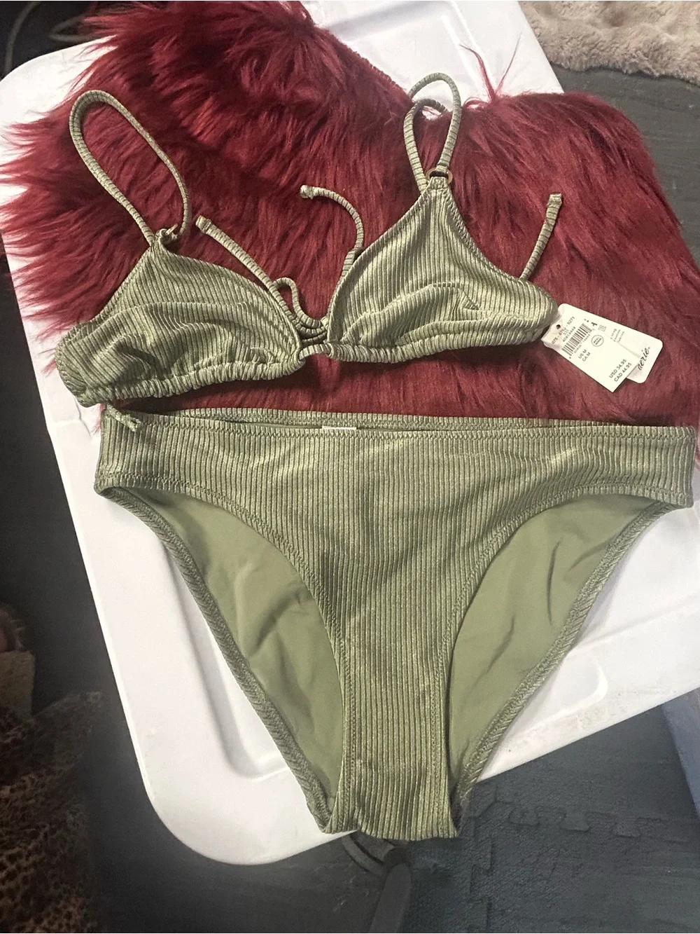 NWT Aerie Shine Ribbed Olive Ribbed Triangle String Bikini Set
